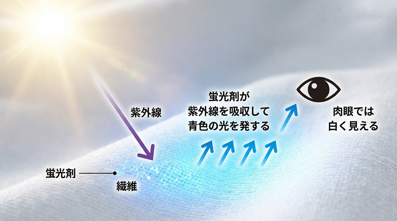 蛍光増白剤が青白い光を発する仕組みの図解